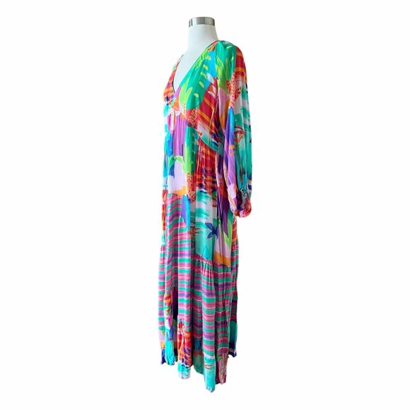 Colorful Maxi Dress Oversized V-Neck Long Sleeves Tropical Bold Print Small NEW - Picture 5 of 7